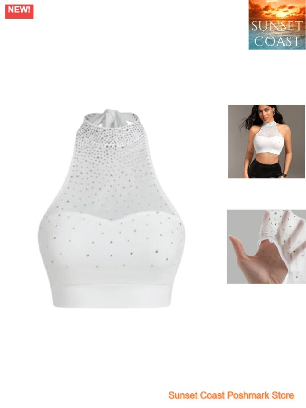 Sleeveless Mesh Halter Crop Tank Top Rhinestone Party